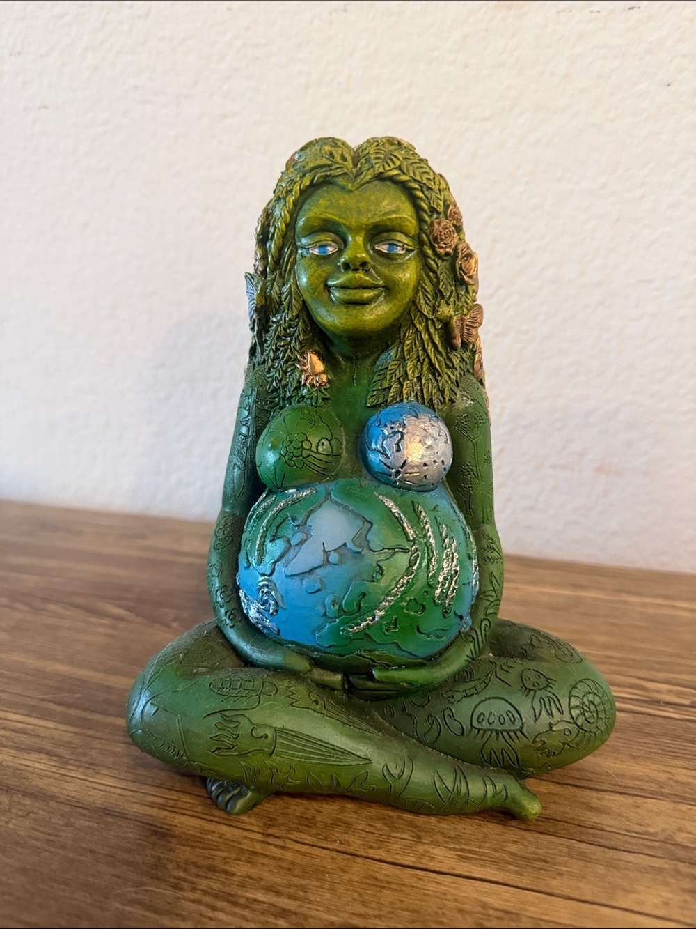 Green Goddess Earth Figurine with Blue Accents